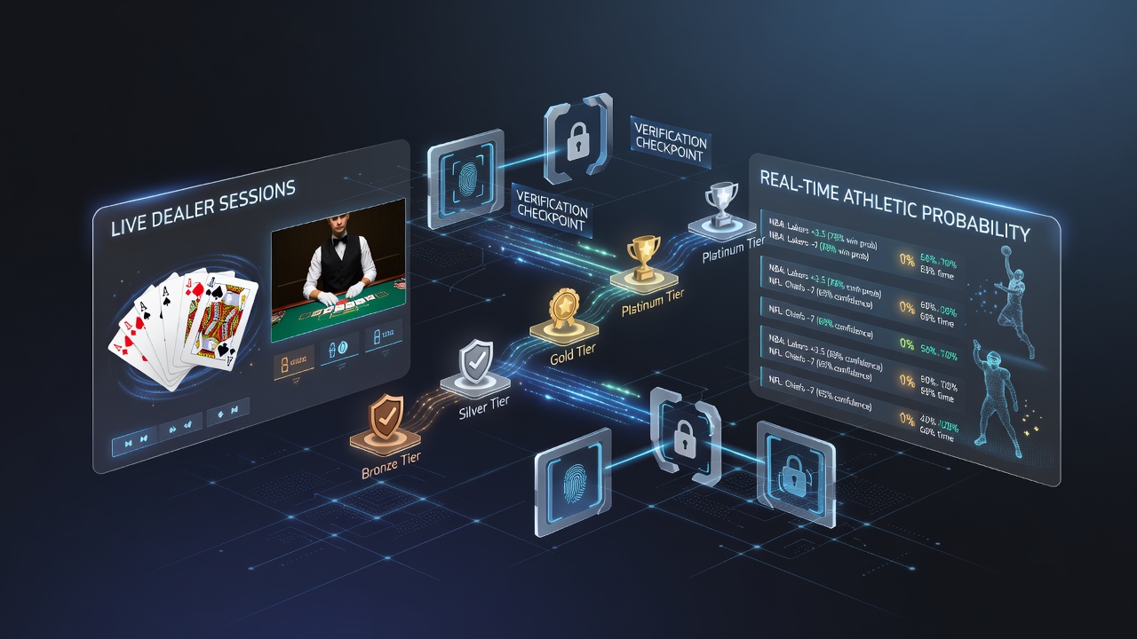 Darstellung hybrider Apps mit gestaffelten Belohnungen und Verifizierungscheckpoints bei Live-Dealer-Sitzungen sowie Sportdaten-Feeds