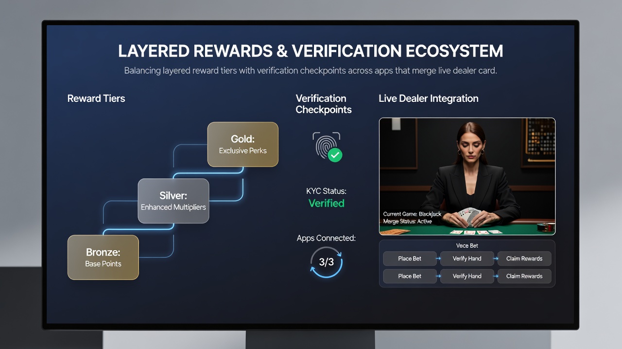 Schnittstelle einer App mit gestaffelten Belohnungen, Verifizierungscheckpoints und integrierten Live-Dealer- sowie Sportfeeds