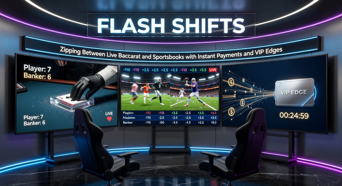 VIP-Spieler am Smartphone: Ein Screenshot-ähnliches Bild mit geteiltem Schirm, links Live-Baccarat mit Dealer, rechts Sportwetten-Quoten, Instant-Payment-Bestätigung und VIP-Badge sichtbar