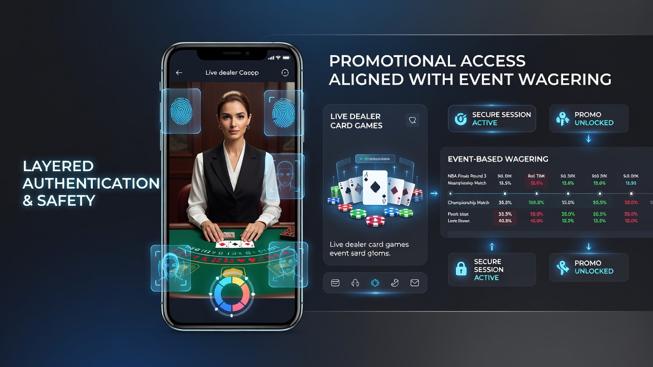 Smartphone-App mit Live-Dealer-Baccarat und Sportwetten-Interface zeigt gestaffelte Authentifizierungsebenen und Promo-Bereiche