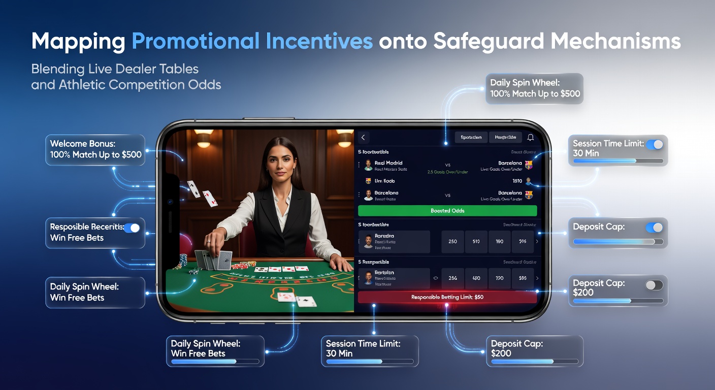 Smartphone-App mit integrierten Live-Dealer-Tischen und Sportwetten-Oberfläche, die Bonussysteme und Sicherheitsprotokolle darstellt