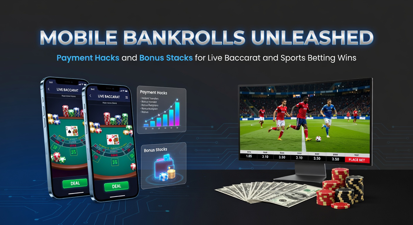 Smartphone mit Baccarat- und Sportwetten-Apps, umgeben von Icons für Zahlungen und Boni, die eine dynamische mobile Bankroll darstellen