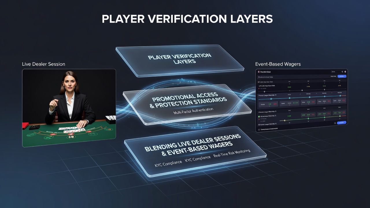 Illustration von Verifikationsprozessen in einer mobilen Glücksspiel-App mit Live-Dealer-Tischen und Sportwetten